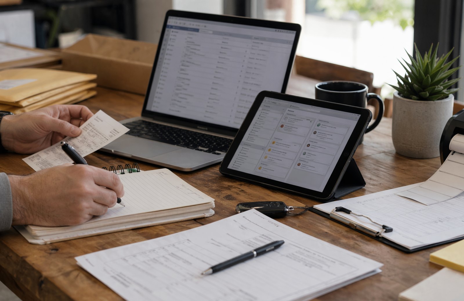 A worktable with a laptop, tablet, forms, notes, and tools arranged for operations work.