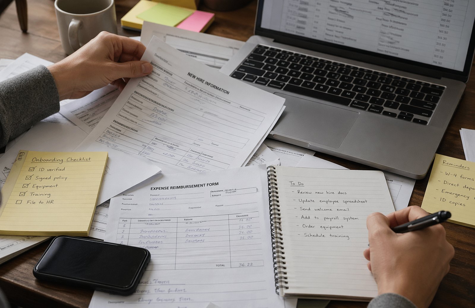 A busy worktable with forms, notes, a laptop, and a phone.