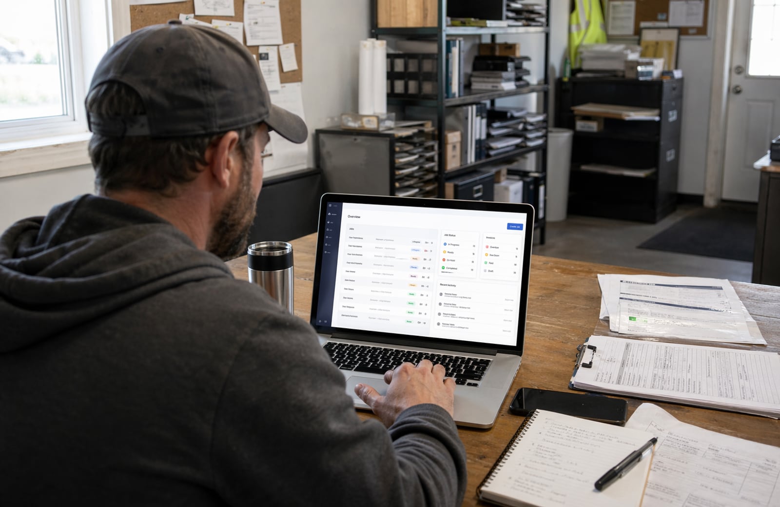 A small business operator reviewing a clean dashboard on a laptop with paperwork nearby.