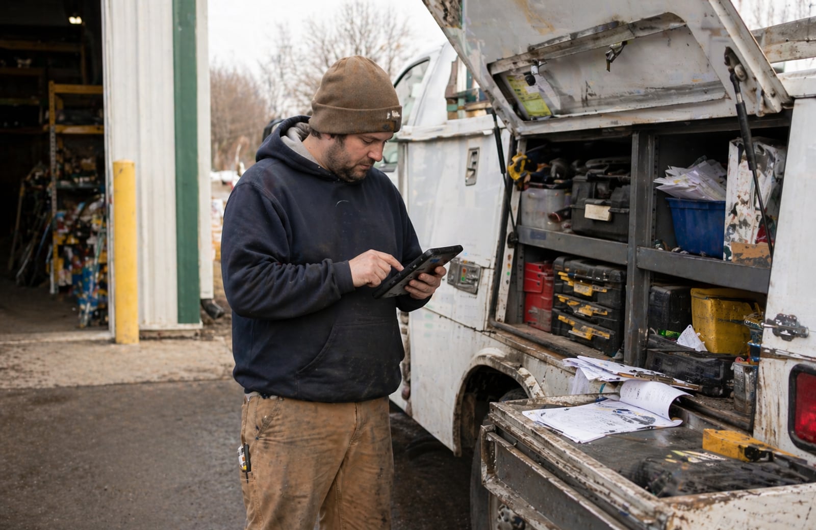 A field worker using a tablet beside a stocked service vehicle.